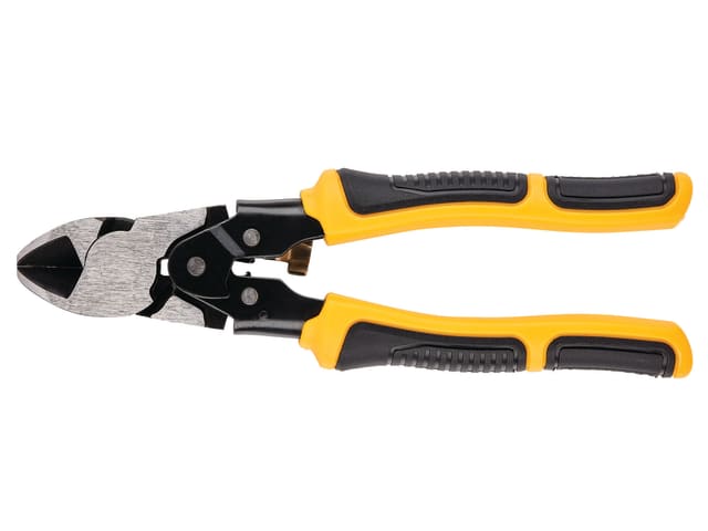 DeWalt compound action diagonal cutting pliers with yellow and black handles on white background
