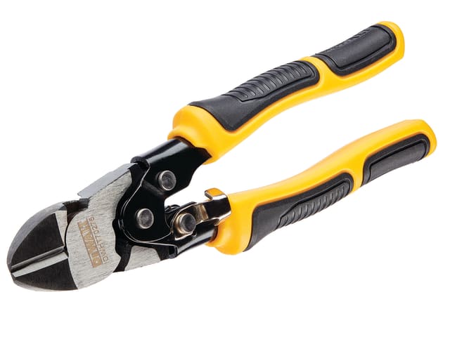 DeWalt Compound Action Diagonal Cutting Pliers with yellow and black bi-material handles, angled cutting blades visible.