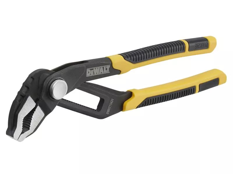 DeWalt V-Jaw Push Lock Pliers with yellow and black handles shown at an angle on white background
