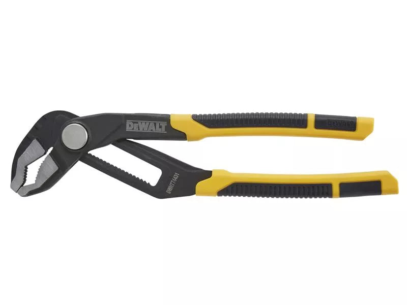 DeWalt V-Jaw Push Lock Pliers 250mm with yellow and black bi-material comfort grips and adjustable jaw.