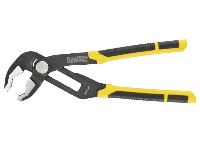 DeWalt 300mm V-Jaw Push Lock Pliers with yellow and black bi-material handles, open jaws visible.