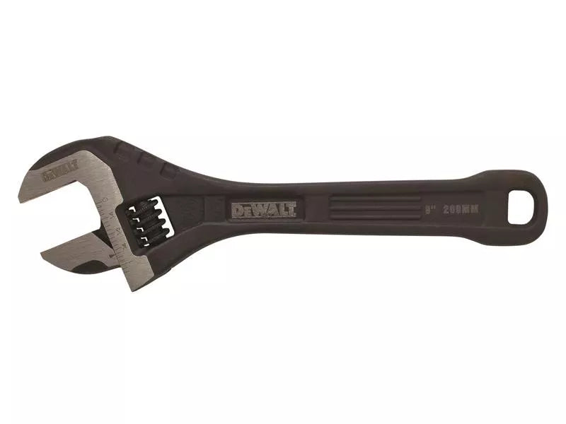 DeWalt 8 inch all steel adjustable wrench with black handle and silver adjustable jaw on white background