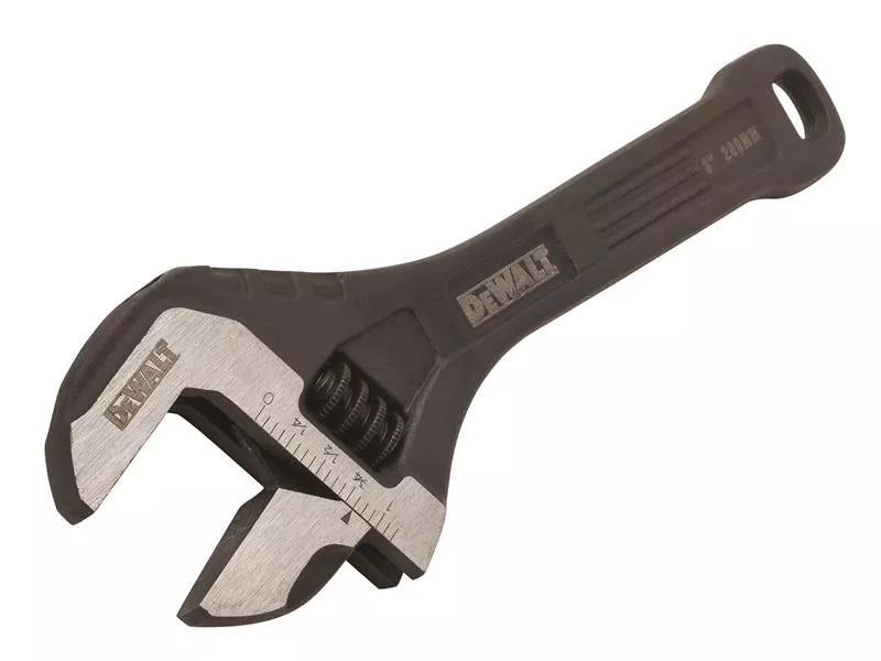 DeWALT 8-inch all steel adjustable wrench with black handle and silver jaw, showing jaw scale and adjustment wheel.