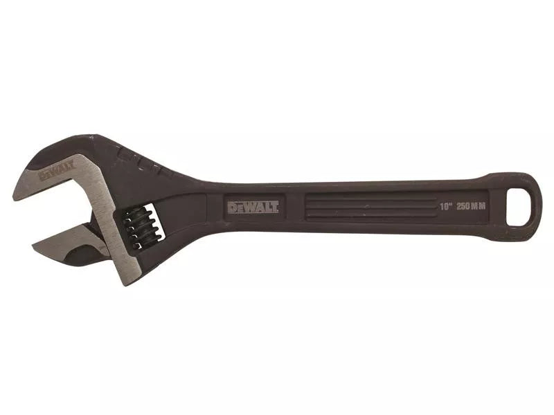 DeWalt 10-inch all steel adjustable wrench with black handle and silver jaw, showing brand and size markings.