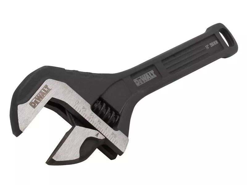 DeWalt 10 inch adjustable wrench with black handle and silver steel jaws on white background