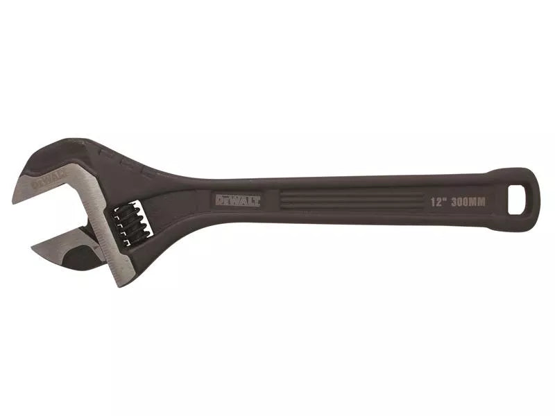 DeWalt 12-inch all steel adjustable wrench with black handle and silver adjustable jaw on white background