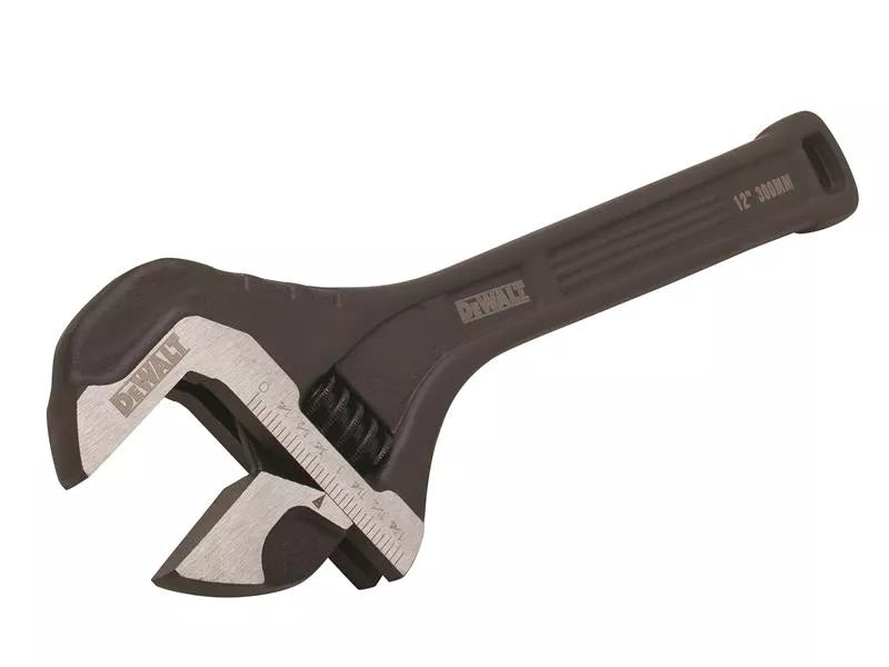 DeWalt 12-inch all steel adjustable wrench with black handle and silver jaw, showing jaw scale markings.
