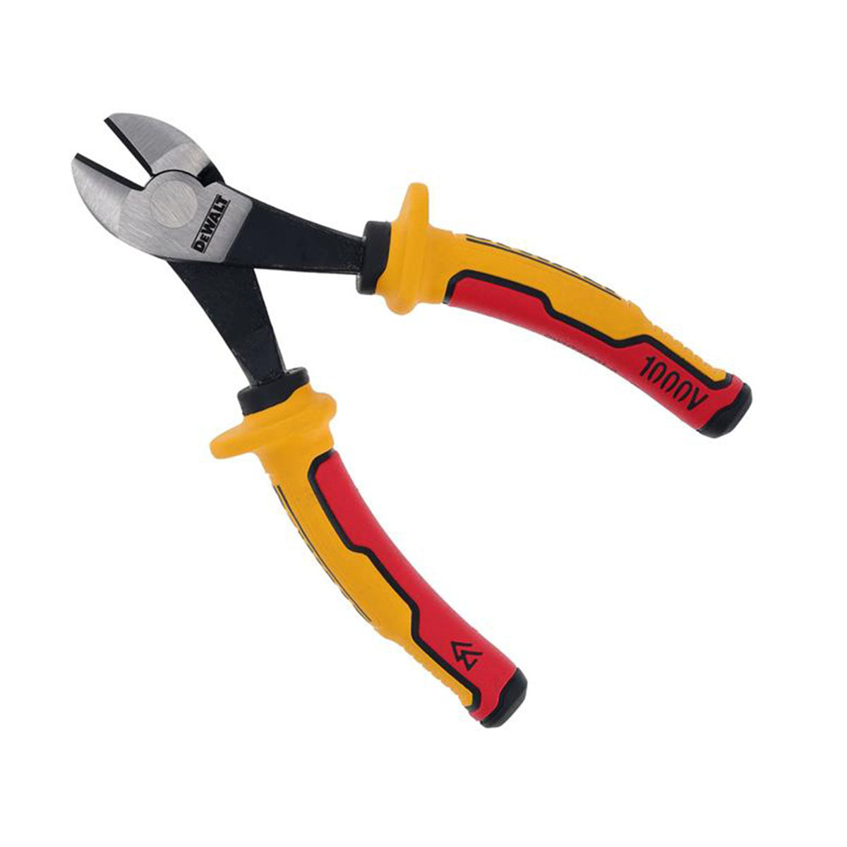 DeWalt VDE diagonal pliers with yellow and red insulated handles and metal cutting jaws angled at the tip.