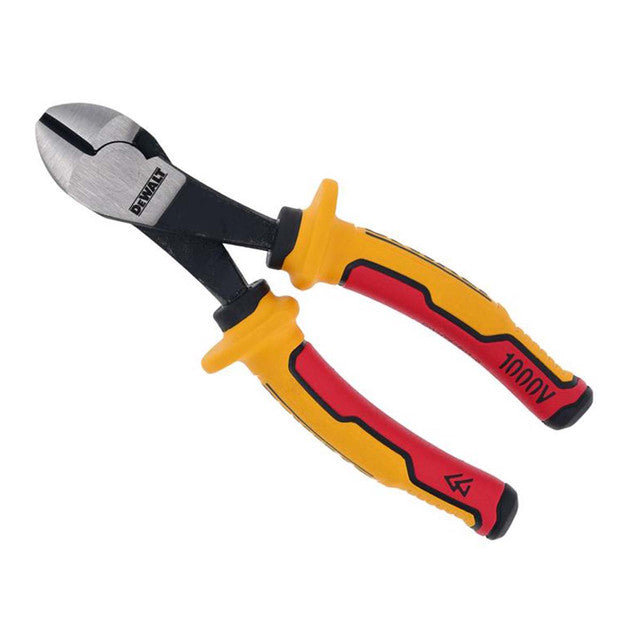 DeWALT VDE Diagonal Pliers 160mm with yellow and red ergonomic handles, black oxide finish, and cutting edges visible.
