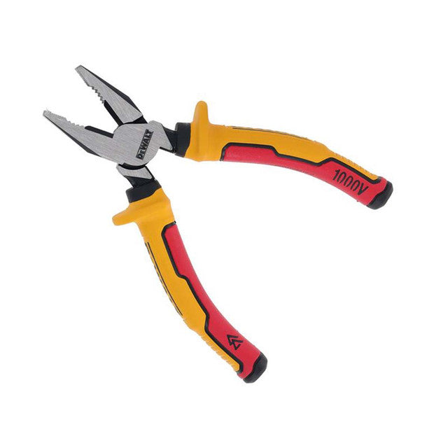 DeWALT VDE Combination Pliers 160mm with yellow and red ergonomic handles and metal jaws, marked 1000V.