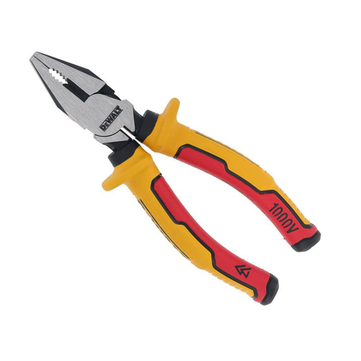DeWalt VDE combination pliers with yellow and red insulated handles and metal jaws, angled view.