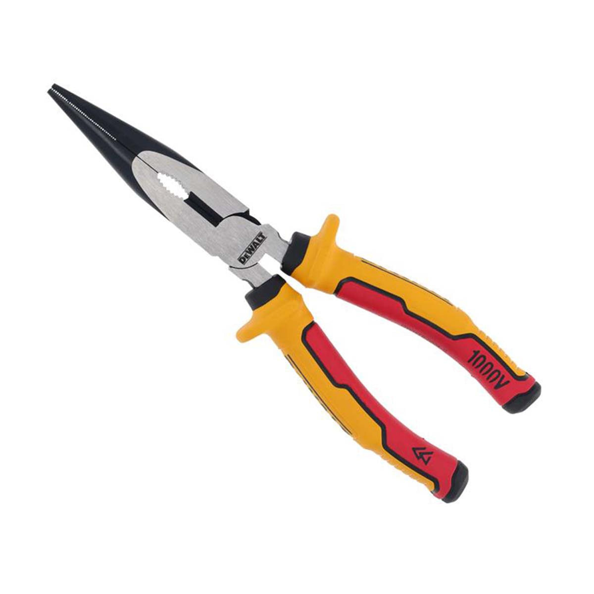 DeWalt VDE long nose pliers with yellow and red insulated handles and black serrated jaws, angled view.