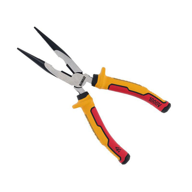 DeWALT VDE Long Nose Pliers 200mm with yellow and red ergonomic handles, black oxide finish tips, and 1000V safety rating.