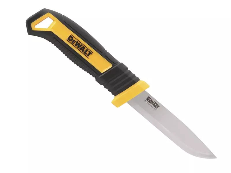 DeWalt All Purpose Craftsman Knife with yellow and black rubber handle and 90mm stainless steel fixed blade.