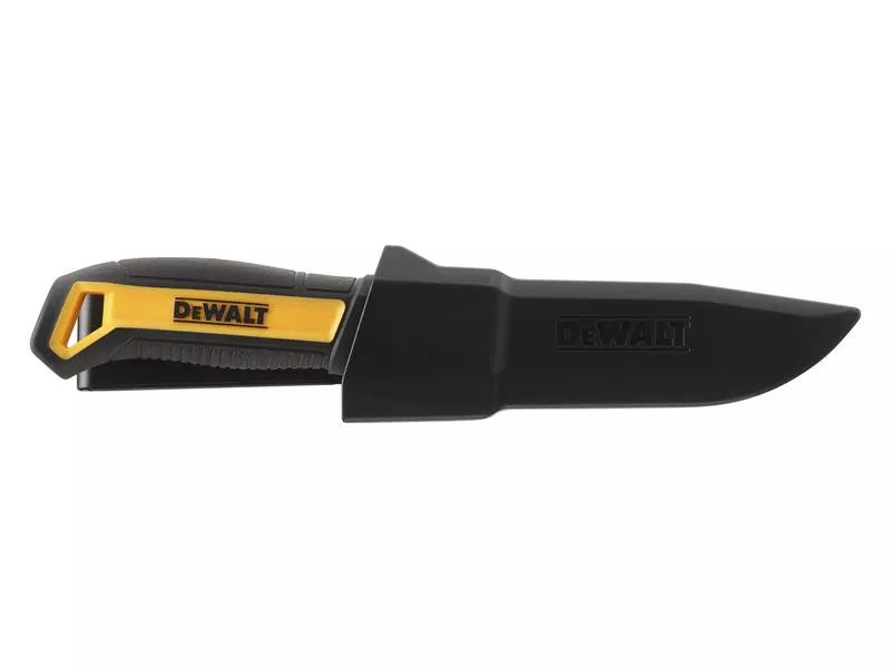 DeWalt all purpose craftsman knife with black blade cover and yellow-black handle on white background