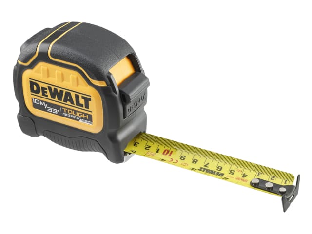 Dewalt Tough Tape 10m/33ft with yellow measuring tape extended showing black and red markings