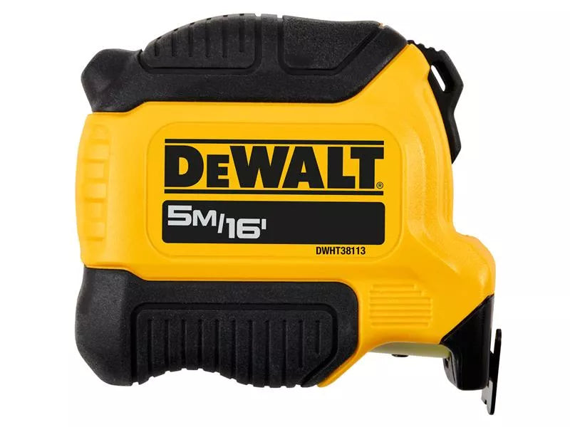 DeWALT Compact Tape Measure 5m/16ft with yellow and black casing and visible model number DWHT38113.