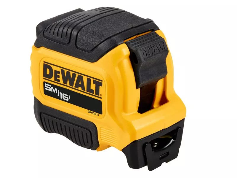 DeWalt Compact Tape 5m/16ft with yellow and black casing, angled view showing locking mechanism and label.