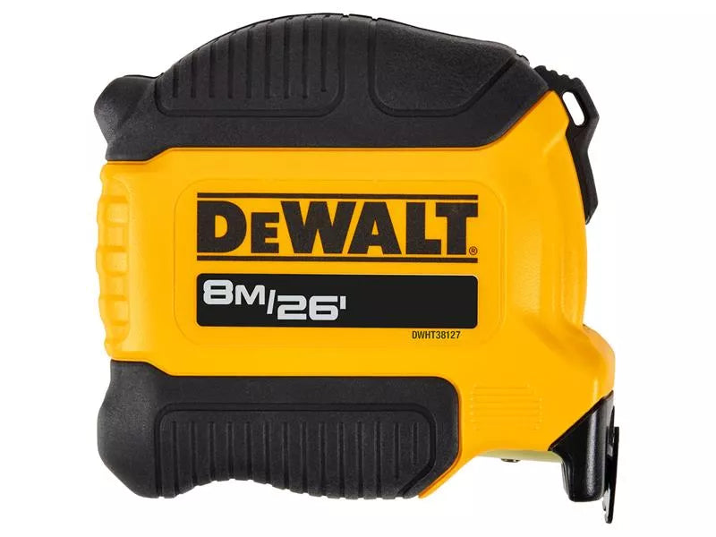DeWALT Compact Tape Measure 8m/26ft in yellow and black with bold logo and measurement length on the side.