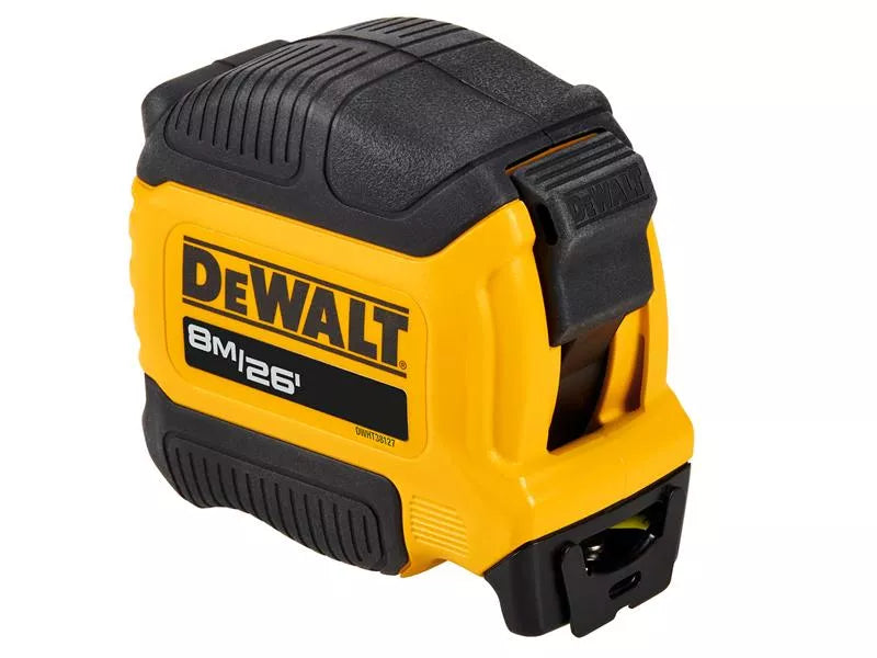 DeWalt Compact Tape measure in yellow and black, showing 8m/26ft length marking and locking button.