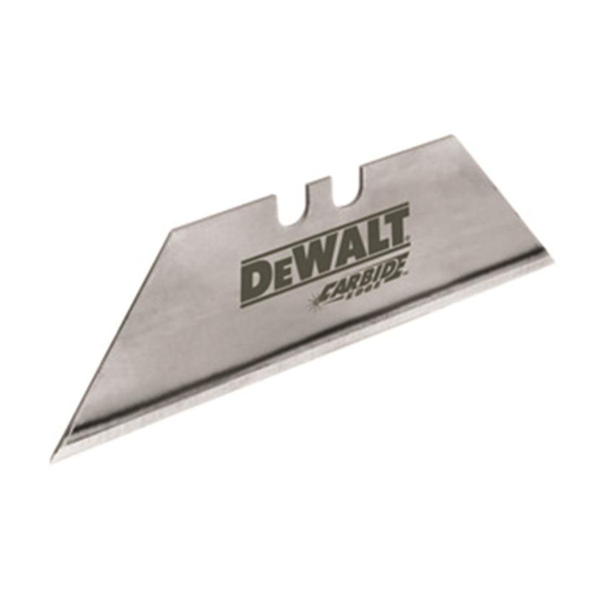 Close-up of a single DeWalt carbide utility blade showing the sharp edge and logo.