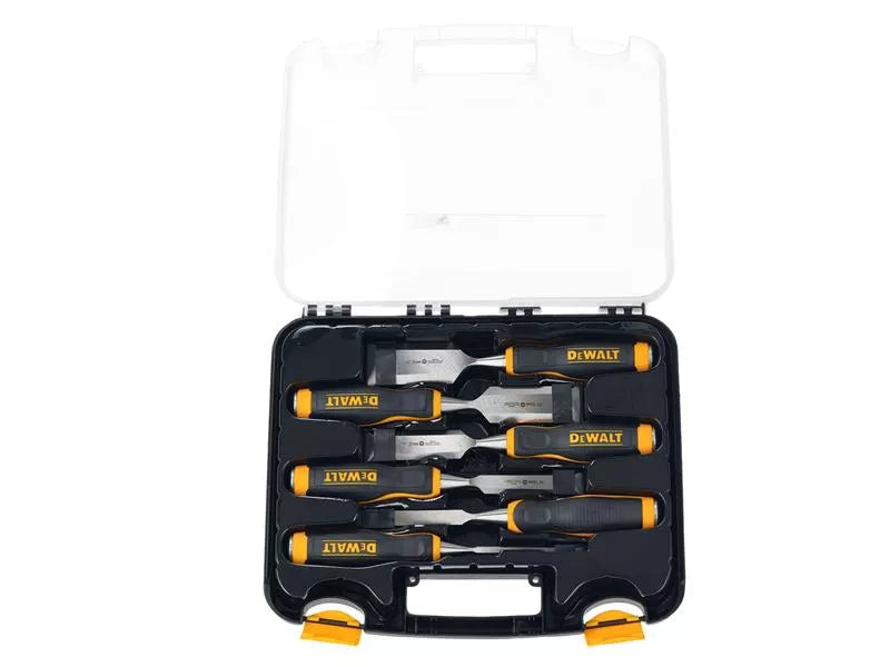 DeWALT 6-piece wood chisel set with black and yellow ergonomic handles in a black plastic case with clear lid.