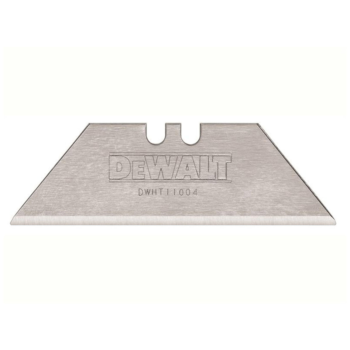 Single DeWalt utility blade with sharp edge and engraved logo on a white background