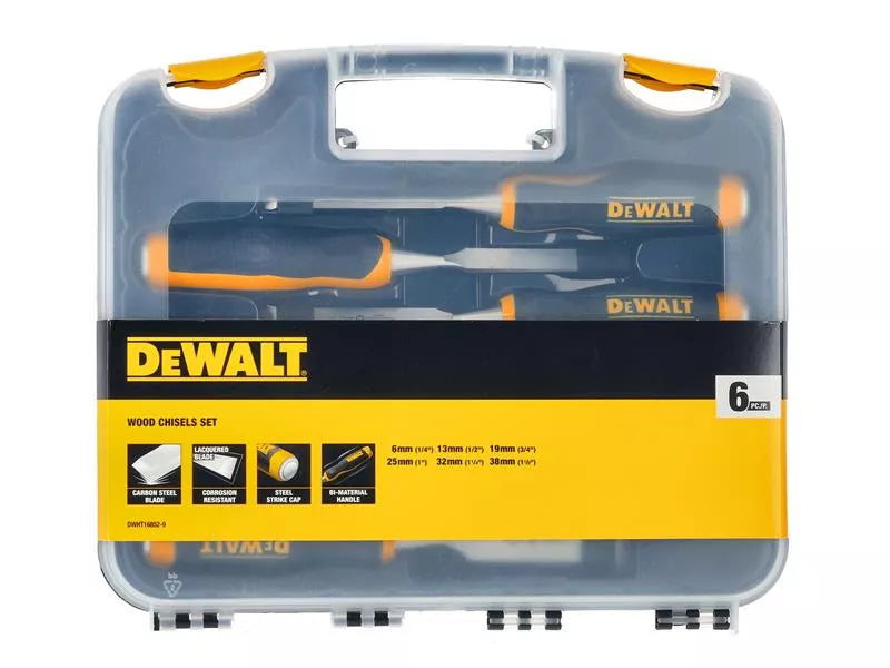 DeWalt 6-piece wood chisel set in a transparent plastic case with yellow and black handles visible.