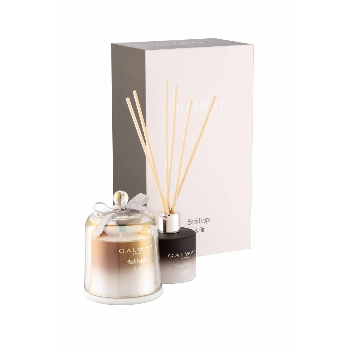 Black Pepper & Gin gift set with reed diffuser and bell jar candle, spicy crisp scent, beautifully packaged by Keans