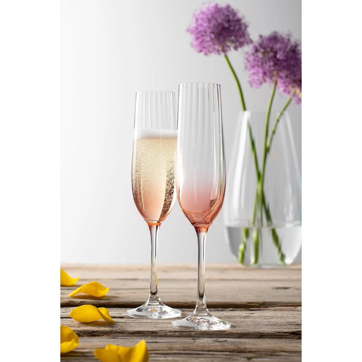 Pair of Erne blush champagne flute glasses with elegant light line pattern, perfect for celebrations – Keans Claremorris.