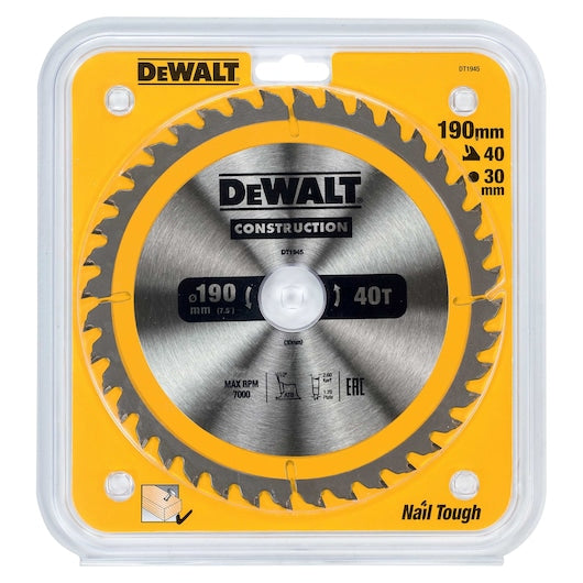 Dewalt 190mm x 30mm 40T Circular Saw Blade for precise cutting – available at Keans Claremorris.