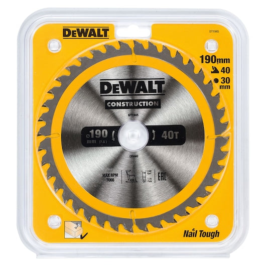 Dewalt 190mm x 30mm 40T Circular Saw Blade for precise cutting – available at Keans Claremorris.