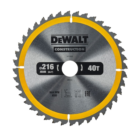 DeWalt 216mm 40-tooth circular saw blade with yellow ring and construction branding on metal surface.