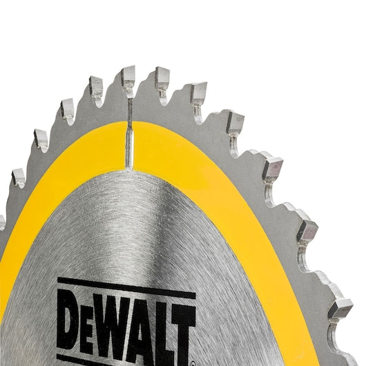 Close-up of DeWalt 216mm 40T circular saw blade showing teeth and yellow ring detail
