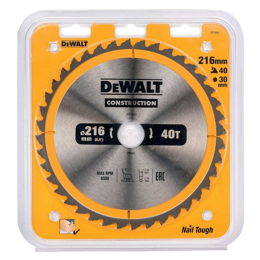 DeWalt 216mm 40-tooth circular saw blade in clear plastic packaging with yellow backing panel.