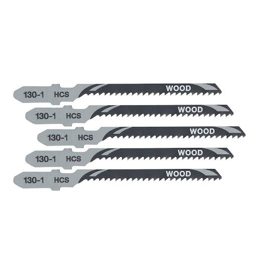 Five DeWalt T119BO jigsaw blades for wood, arranged side by side on a white background.