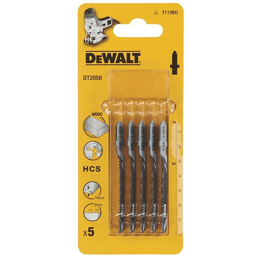 DeWalt T119BO jigsaw blades 5-pack in yellow packaging with wood cutting icons and measurements.