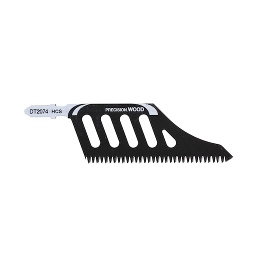 DeWALT 74mm T-shank jigsaw blade with black body and fine teeth for precision wood cutting.