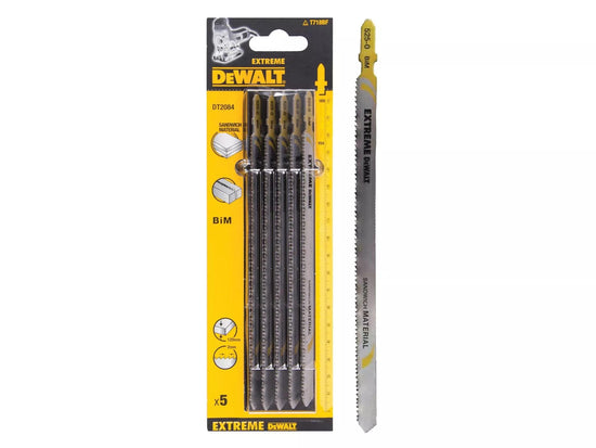 DeWalt DT2084 180mm bi-metal jigsaw blades pack of 5 in yellow and black packaging with one blade shown separately.