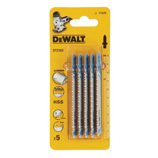 Pack of five DeWalt HSS metal cutting jigsaw blades T127D in yellow blister packaging with product details.