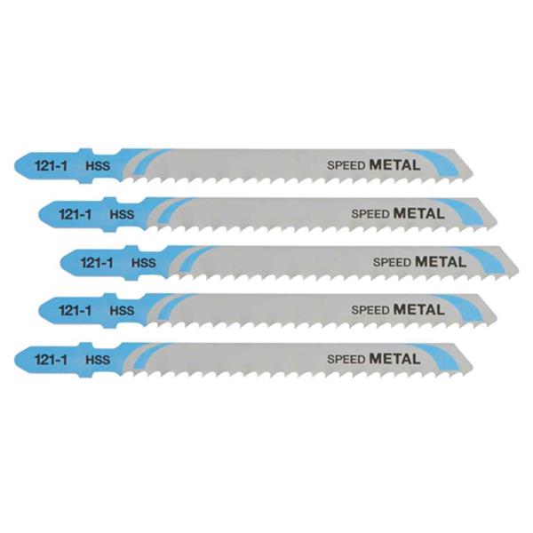 Five DeWalt HSS metal cutting jigsaw blades with blue tips and "Speed Metal" label visible on each blade.