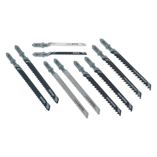 Ten DeWALT HCS wood jigsaw blades with various tooth patterns and T-shank design arranged on white background.