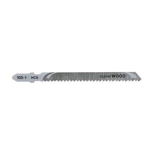 Single DeWalt HCS wood jigsaw blade with 105-1 and CLEAN WOOD markings on a white background