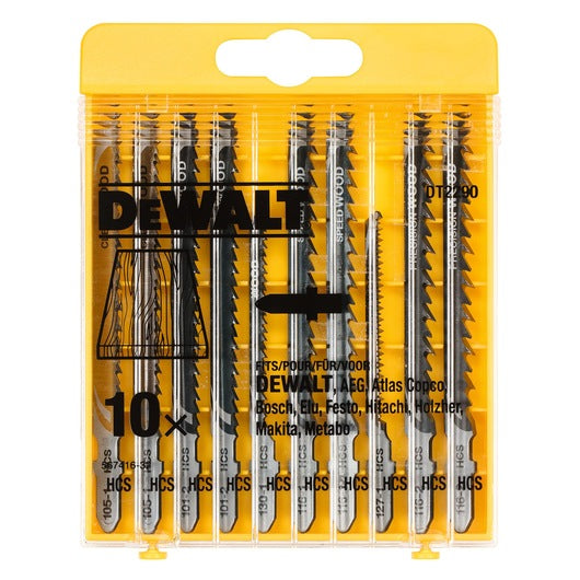DeWalt HCS wood jigsaw blades variety pack of 10 in clear yellow plastic case with black text.