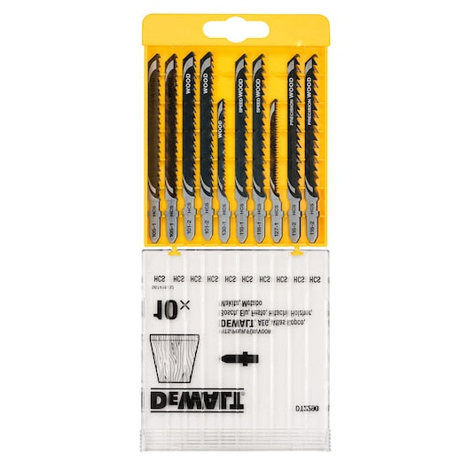 DeWalt HCS wood jigsaw blades variety pack with 10 blades in yellow and clear plastic packaging.