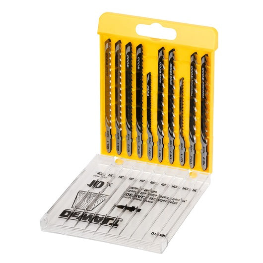 DeWalt HCS wood jigsaw blades variety pack of 10 in yellow and clear plastic case with blades visible