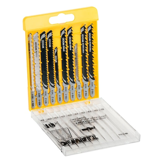 DeWalt HCS wood jigsaw blades variety pack of 10 in yellow plastic case with clear lid open.