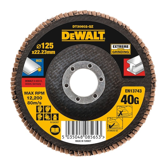 DeWalt DT30602 Extreme Metal Flap Disc 125mm 40 grit with black and yellow label showing specifications and safety icons.