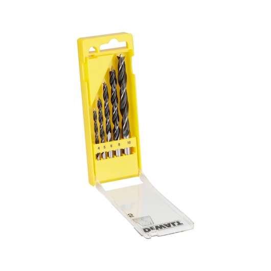 DeWalt 5-piece brad point drill bit set in yellow plastic case with clear lid, bits arranged by size.