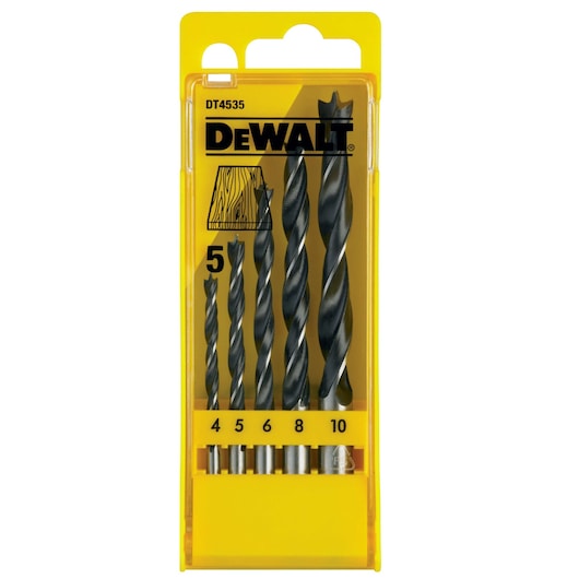 DeWalt 5-piece brad point drill bit set in yellow plastic case with sizes 4, 5, 6, 8, and 10 mm.